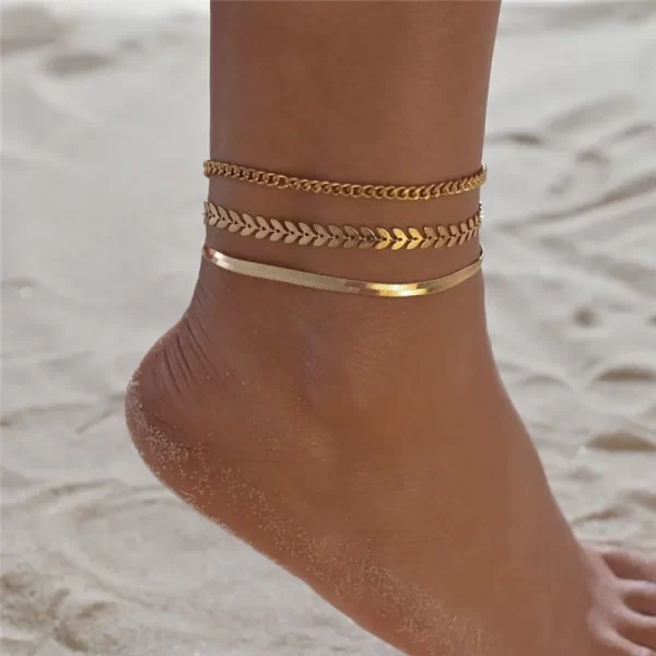 3-Piece Set Gold Color Simple Chain Anklets for Women – Beach Foot Jewelry