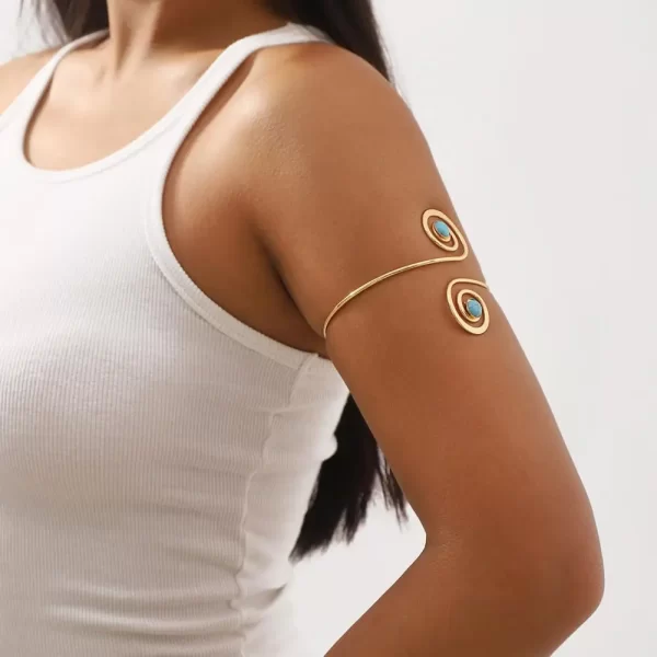 Ethnic Crescent Open Arm Bracelet – Adjustable Faux Turquoise Hand Jewelry - Image 3